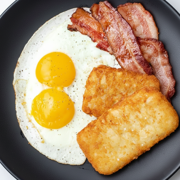 2 Thai-Spiegeleier, 2 Speckscheiben und 2 Hash Browns