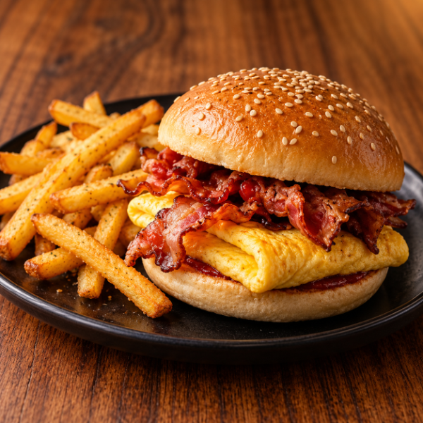 Bacon Ei Brötchen mit Pommes