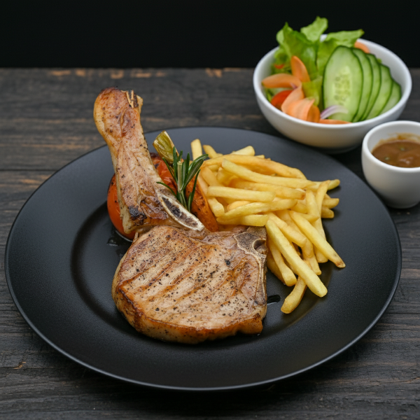 Pork Chop mit Pommes und Soße