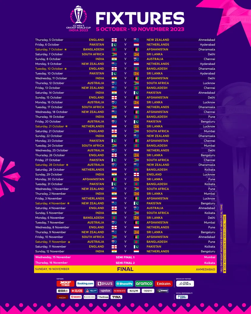 Cricket world cup 2023 fixtures